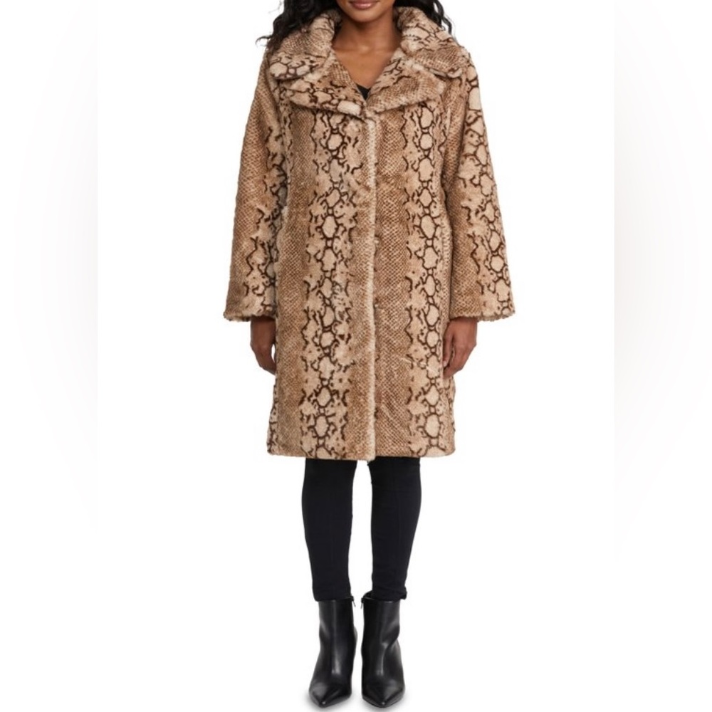 Badgely Mischka Women's Long Faux Fur coat brown python pattern size medium
